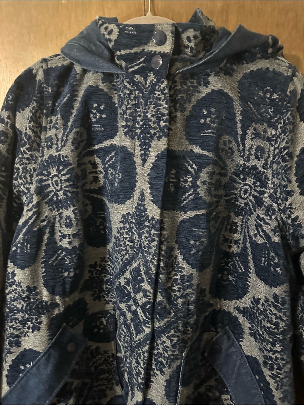 Anthropologie Blue Chenille Tapestry Patterned Long Women's Coat Parka Sz 1X - Picture 7 of 16